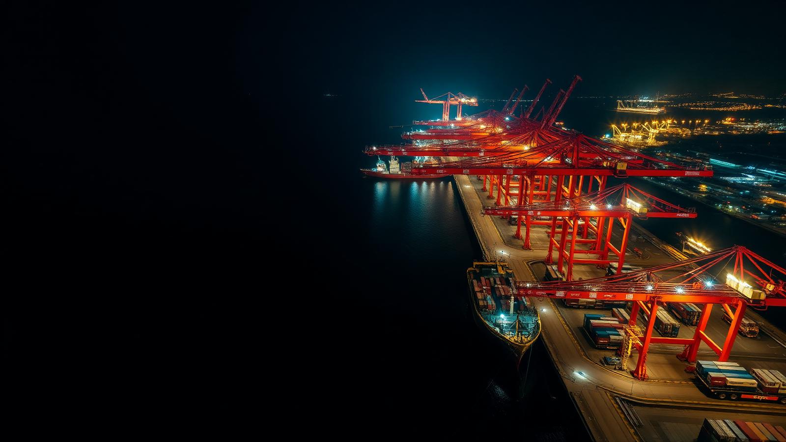 Global port with red container cranes at night